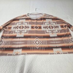 Southwestern Aztec Print Oversized Boxy Long Sleeve Top Brown Tan Orange Medium